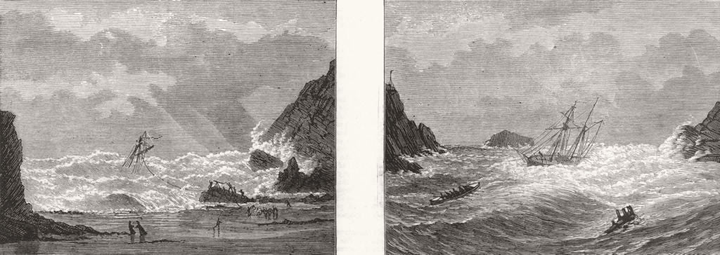 CORNWALL.Gales wreck coast.Mawgan Porth,Newquay;lifeboat Doom bar,Padstow 1874